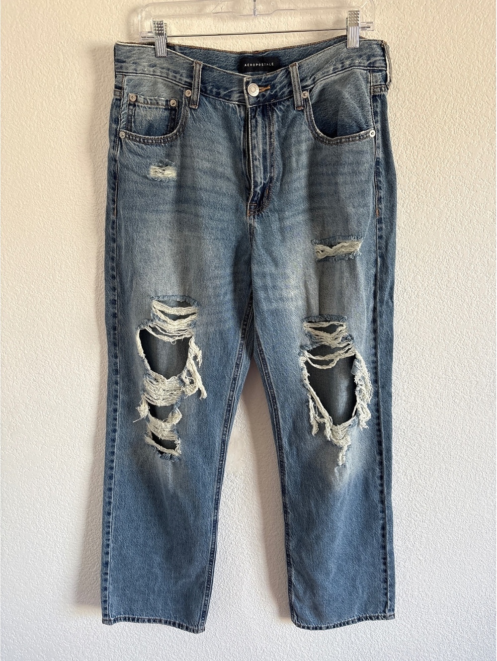 Aeropostale Light Wash Distressed Ripped Jeans with Zipper Fly, Size Not L